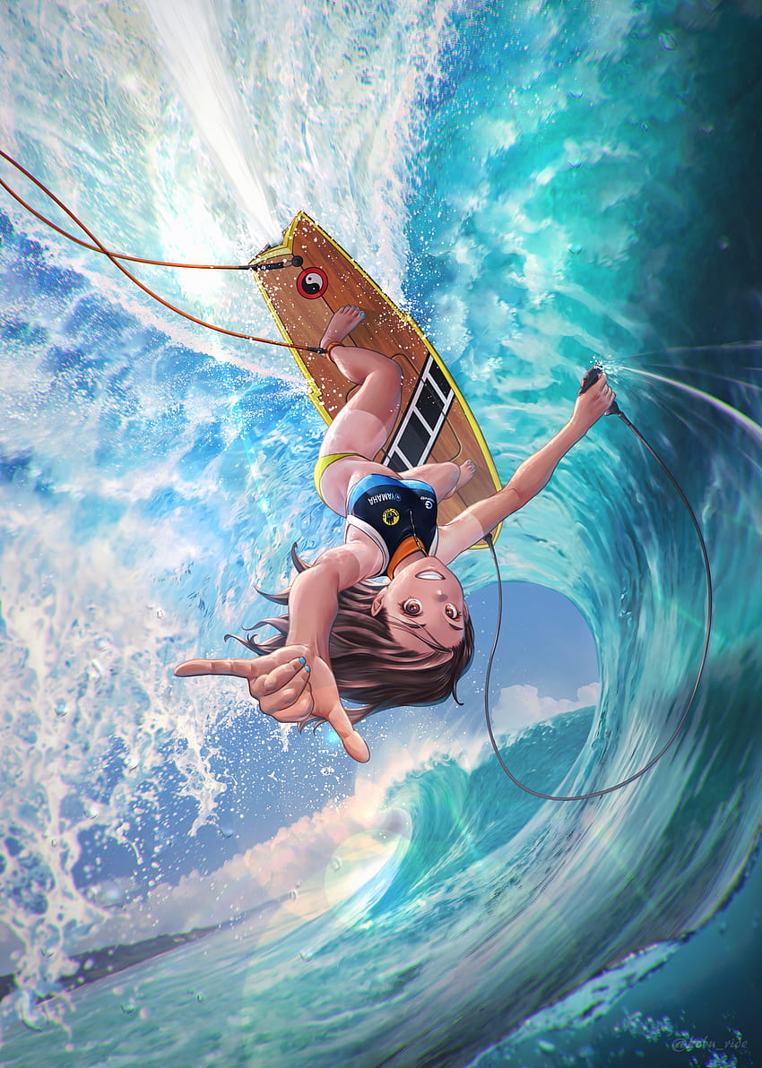 Anime Chicas anime Mar Nubes Cielo Morena Pelo largo Ojos marrones Mirando al espectador Surf Olas Azul, chica anime surf fondo de pantalla del teléfono