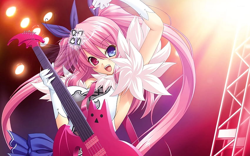 Vampiro con cabello rosa tocando la guitarra, anime manga rosa. fondo de pantalla