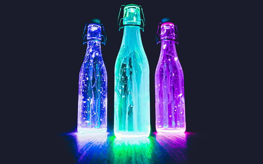 Glow light bottles, neon, liquid, black backgrounds HD wallpaper