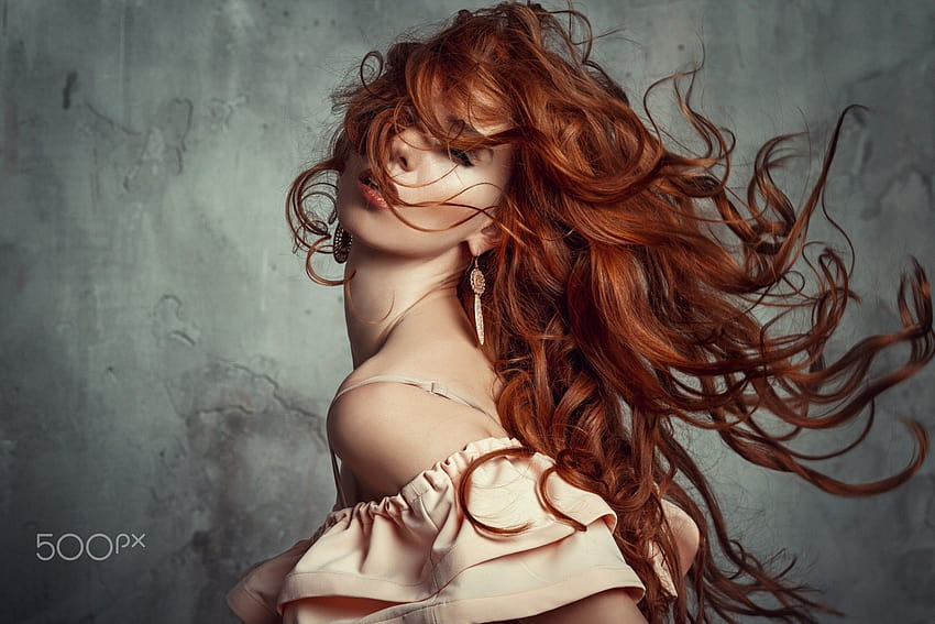 redhead, Wavy Hair, Dark Eyes, Liliya Nazarova, Windy, Dress HD wallpaper
