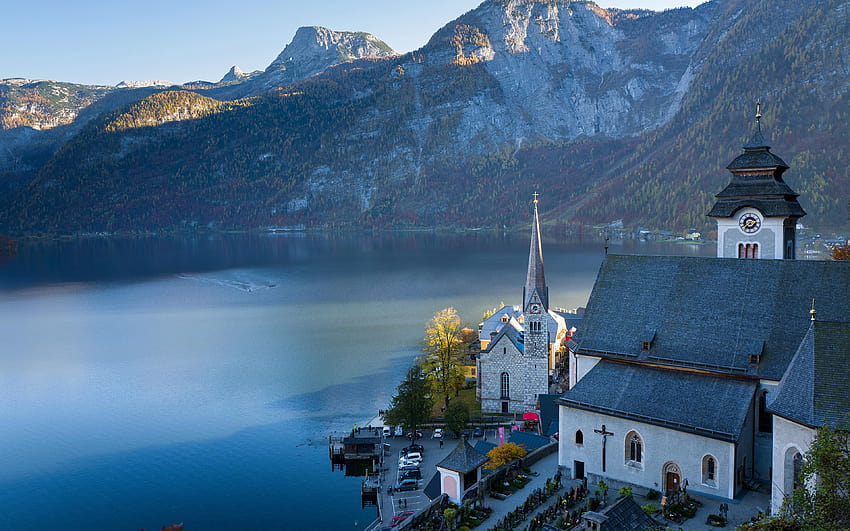 Church Alps Austria Lake Hallstatt Mountains 3840x2400 HD wallpaper