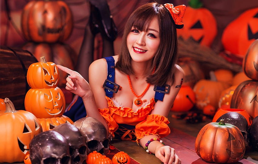 autumn, girl, face, smile, style, background, holiday, costume, outfit, pumpkin, skull, Asian, Halloween, hoot, Halloween , section девушки, halloween outfit HD wallpaper