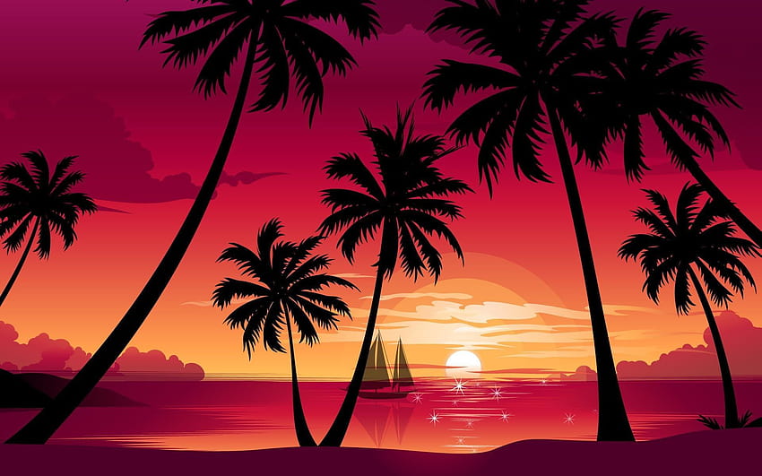 Słońce morze łódź palmy zachód słońca plaża Natura, łódź plaża drzewa światło słoneczne Tapeta HD