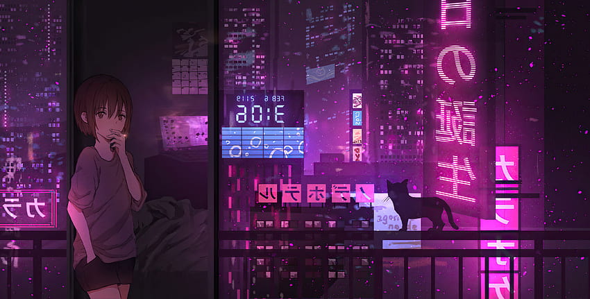 Anime Girl City Night Neon Cyberpunk , Anime, Latar Belakang, dan, anime malam kota Wallpaper HD
