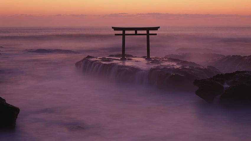 : red wooden gate, nature, landscape, torii, Japan, Asia, rock HD wallpaper