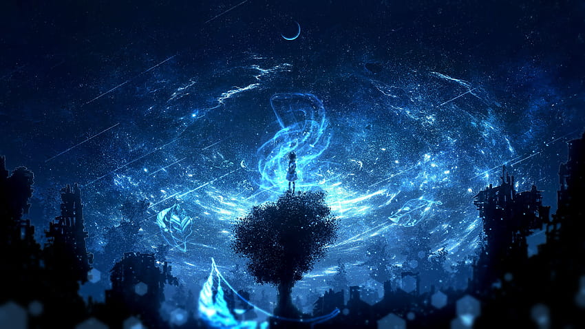 : anime girls, kobiety, fantasy art, fantasy girl, nocne niebo, księżyc, kraj, drzewa, magia, gwiaździsta noc, galaktyka, Sztuka cyfrowa, grafika, ilustracja, koncepcja sztuki, niebieski 3840x2160 Tapeta HD