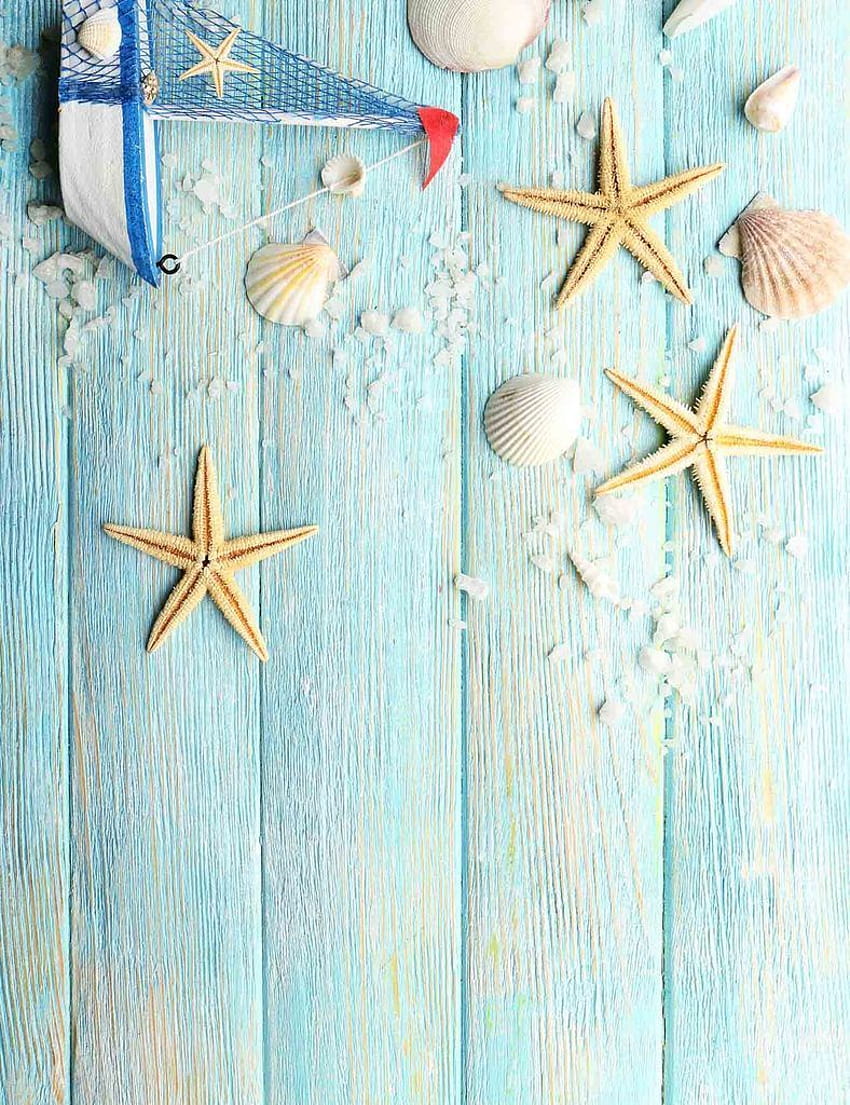 Sailboat And Shell On Baby Blue Wood Floor Backdrop, summer wood floor HD phone wallpaper