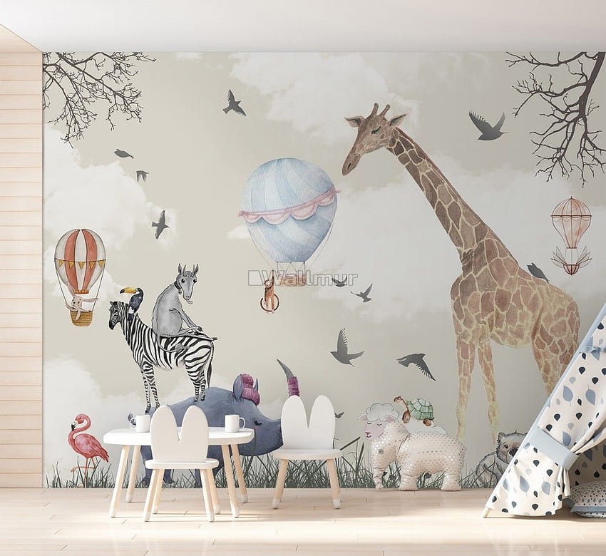 Çocuklar Suluboya Orman Hayvanları ve Zürafa Zebra Su Aygırı Duvar Resmi • Wallmur®, çocuk odası HD duvar kağıdı