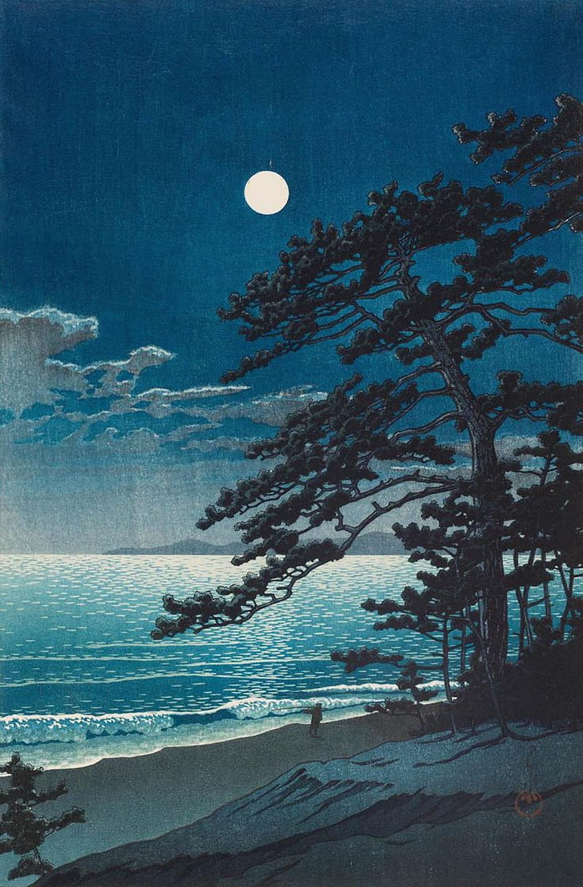 Spring Moon At Ninomiya Beach By Kawase Hasui Print Poster HD phone wallpaper