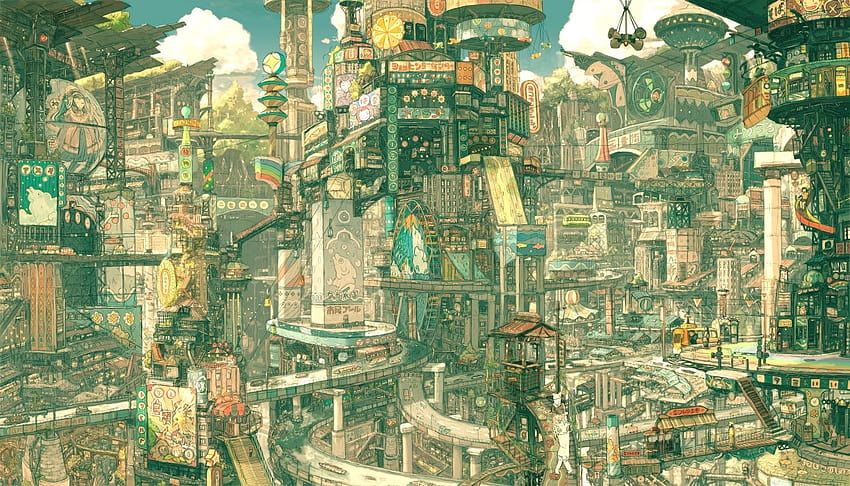 Anime City Backgrounds, cidade verde do anime papel de parede HD