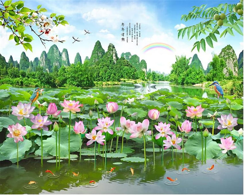 Beibehang Beautiful Lotus Pond Flower Landscape Bedroom Living Room Backgrounds Decorative Mural Wall 3 D HD wallpaper