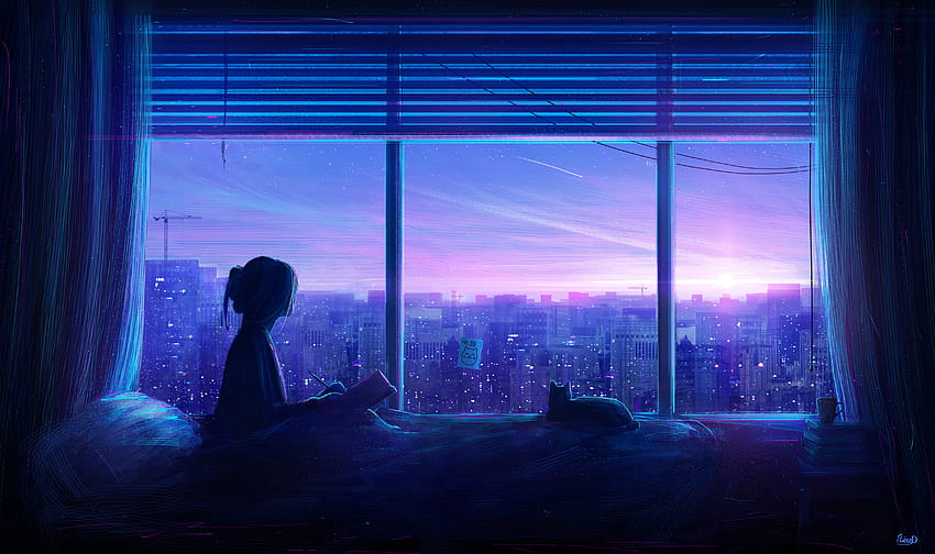 Alleine Anime, Kunst, Anime, Fenster, Blau, Hintergründe HD-Hintergrundbild