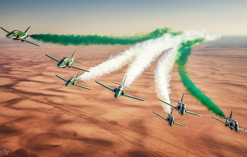 Humo, desierto, equipo acrobático, Hawker Siddeley Hawk, Link, HESJA Air, avión de Arabia Saudita fondo de pantalla
