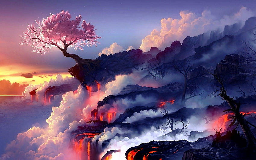 Flores de cerezo y lava: fondo de pantalla