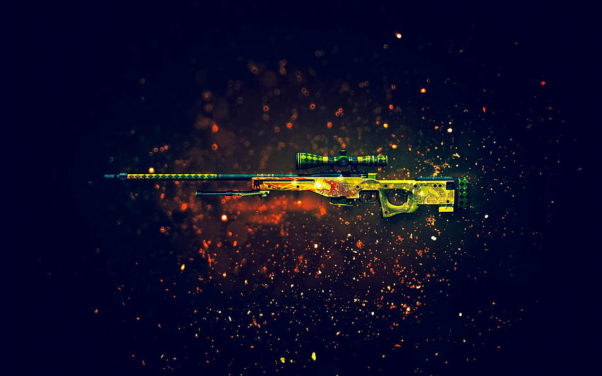 Зелена и жълта илюстрация на снайперска пушка AWM, пистолет awm HD тапет