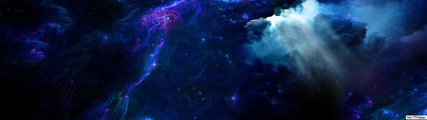 Promienie świecące przez niebieską mgławicę kosmiczną, przestrzeń 5120x1440 Tapeta HD