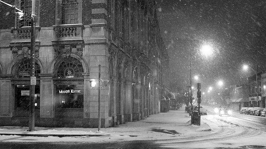 : улично осветление, град, нощ, сняг, зима, път, инфраструктура, време, тъмнина, платно, градска зона, черно и бяло, монохромна графика, черно бяло 1920x1080, зимна улична нощ HD тапет