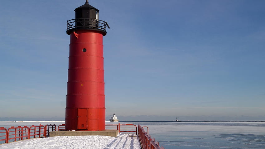 ミルウォーキーを訪れ、冬の灯台は青く 高画質の壁紙