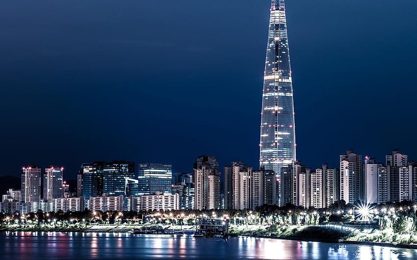 Seúl, edificios modernos, Lotte World Tower, río Han, paisajes nocturnos, Corea del Sur con una resolución de 3840x2400. Alta calidad fondo de pantalla