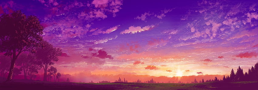 108 nuages ​​​​dualscreen paysage personne ciel scénique violet original, coucher de soleil anime et arbres Fond d'écran HD