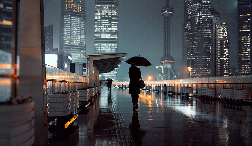 Shanghai China Street Umbrella night time Skyscrapers Cities HD wallpaper
