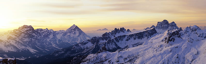 Dolomites, sunrise, snow, winter, Italy 3840x1200, winter dolomites HD wallpaper