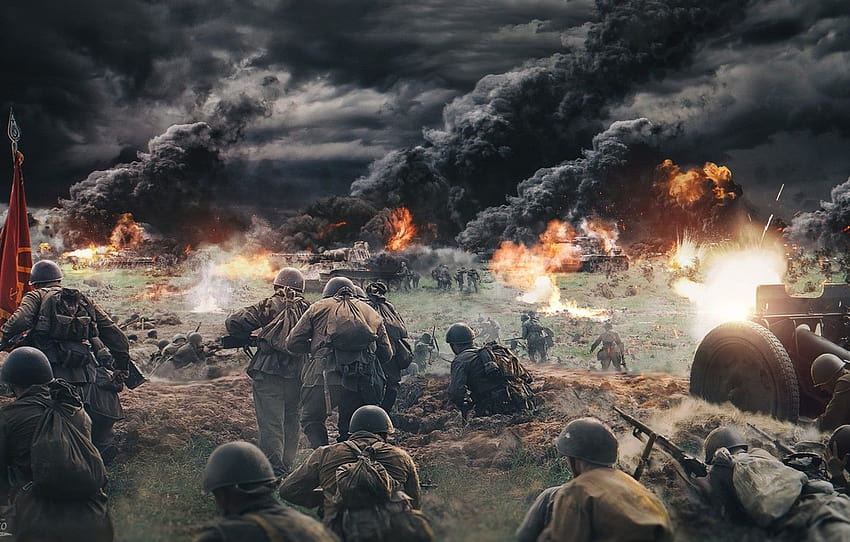 煙、火、戦争、人、機関銃、兵士、第二次世界大戦のコンピューター 高画質の壁紙
