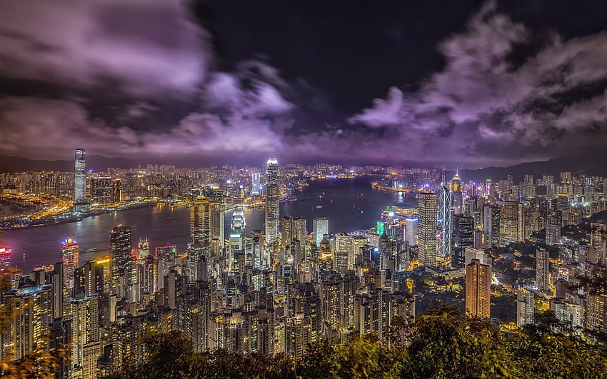 Hong Kong, China, malam, metropolis, kota besar, gedung pencakar langit, arsitektur modern, teluk dengan resolusi 1920x1200. Kualitas tinggi, malam hong kong Wallpaper HD