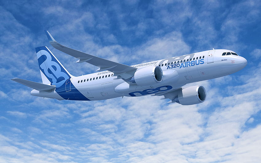 エアバス A320neo、旅客機、新しい飛行機、空の旅、エアバス、解像度 3840 x 2400 で空の旅客機。 高品質、 高画質の壁紙