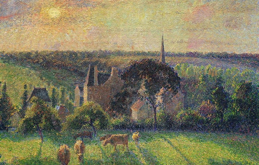 sunset, hills, cows, meadow, Camille Pissarro, Landscape at Eragny , section живопись HD wallpaper