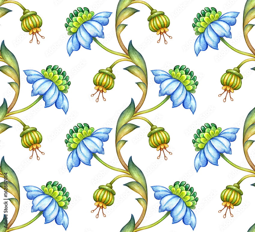 Nahtloses Blumenmuster, mittelalterlicher Hintergrund, handgemalte Aquarell-Illustration, blaue Blumen und grüne Blätter, Vintage-Botanischer Bestand HD-Hintergrundbild