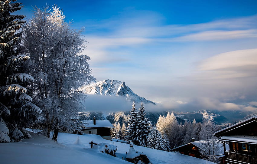 冬, 雲, 雪, 木, 風景, 山, 自然, 村, 家, スイス, 谷, ロスヴァルト , セクション пейзажи, スイスの冬の村 高画質の壁紙