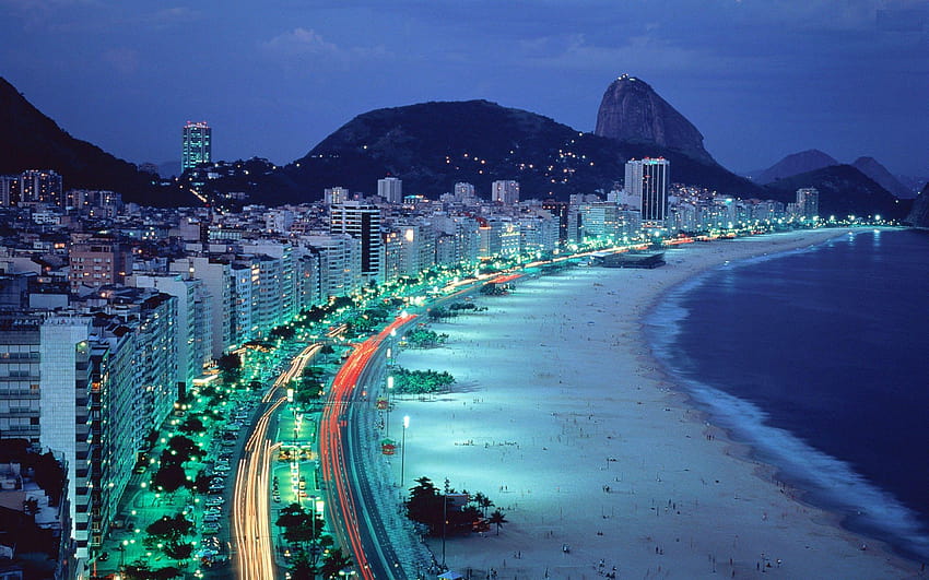 mountains, beach, night, lights, Brazil, Copacabana ::, beach night HD wallpaper