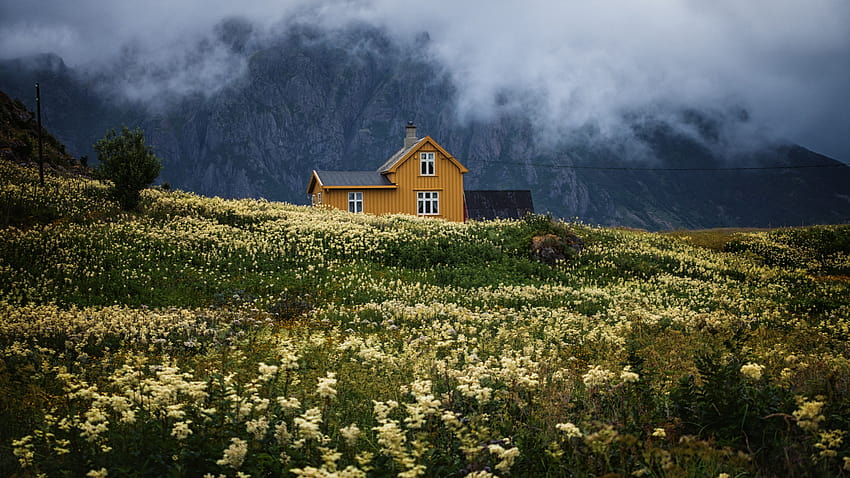 Linda casa de campo e campo com flores em fundos de nuvens tocando montanha Cottagecore, cottagecore pc papel de parede HD