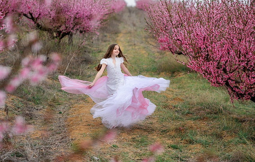trees, spring, Sakura, dress, girl, girl, flowering, spring beauty HD wallpaper