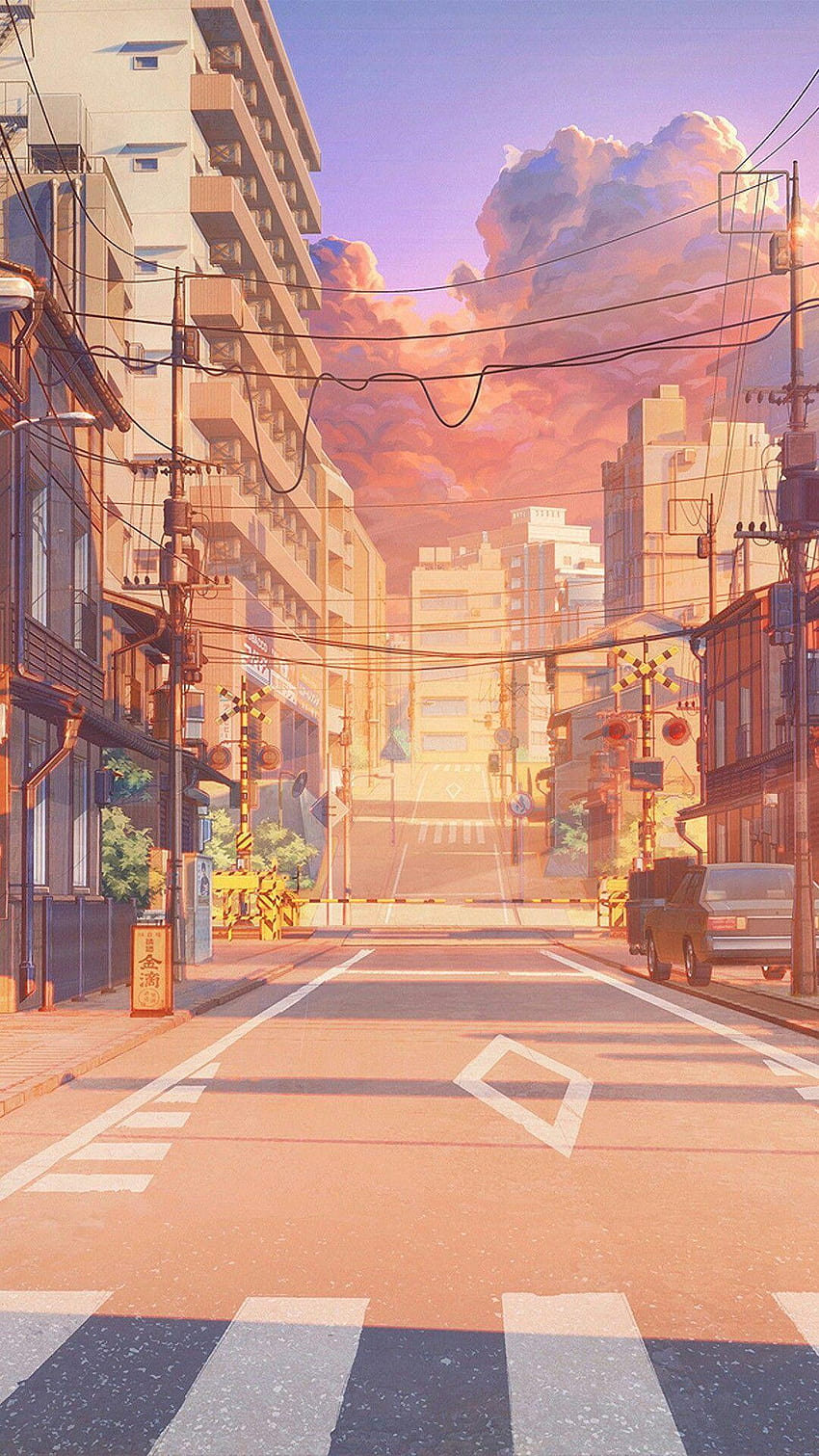 Anime-Sonnenuntergang-Straßenillustration, alte Stadtstraße HD-Handy-Hintergrundbild
