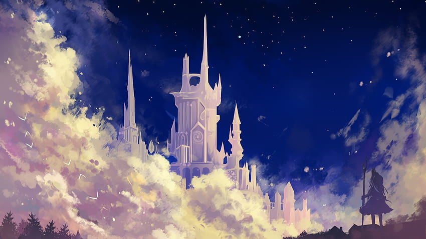 Fantasie Weißes Schloss, Frau, Wolken, Sterne HD-Hintergrundbild