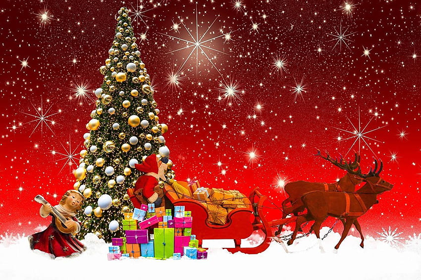 Deer Christmas Sled Santa Claus Christmas tree Gifts HD wallpaper