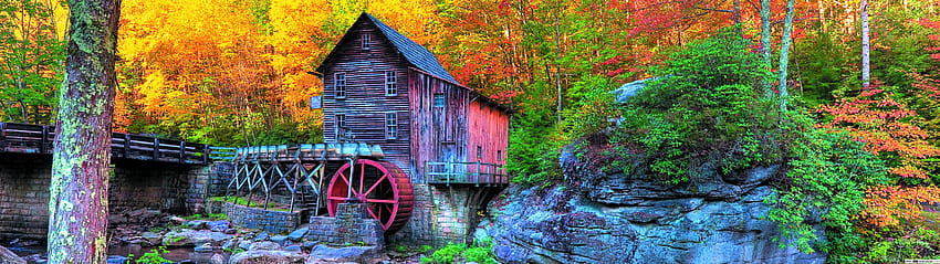 Grist Mill in Autumn, 5120x1440 autumn HD wallpaper