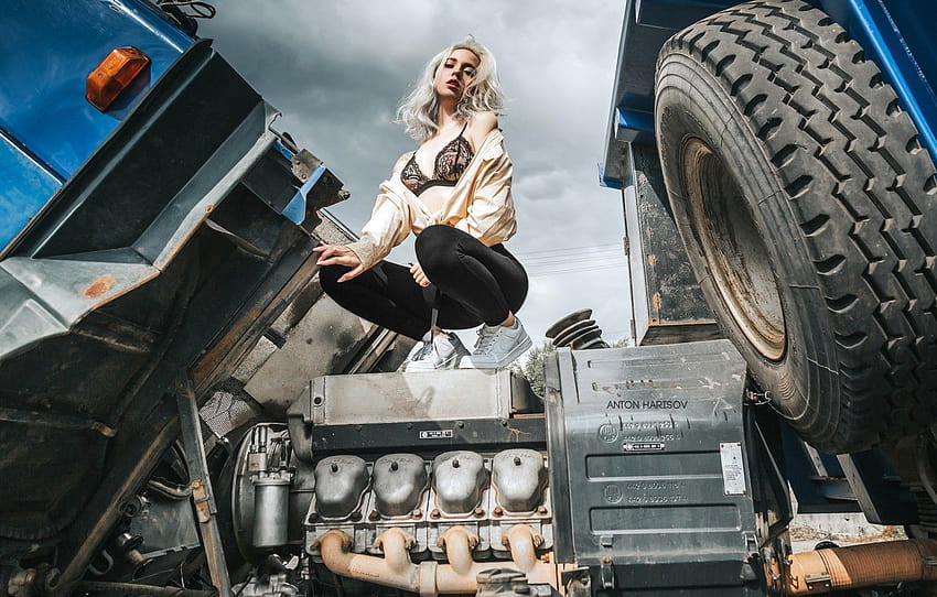 girl, pose, engine, truck, legs, Anton Kharisov , section девушки, girl motor HD wallpaper