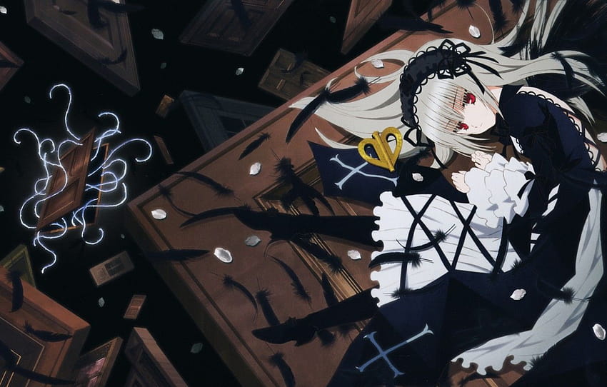Kreuz, Puppe, Federn, Tür, rote Augen, Rozen Maiden, Suigintou, langes Haar, Kunst, Pfirsich HD-Hintergrundbild