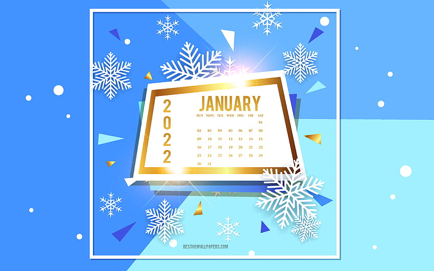 January 2022 Calendar, blue winter background, winter calendars, 2022 January Calendar, gold frame, January, 2022 concepts with resolution 3840x2400. High Quality HD wallpaper