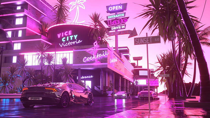 Lamborghini in Pink City PC, pink anime city HD wallpaper