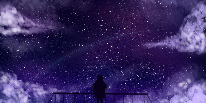 Chica anime, Estrellas, Nubes, Valla, Silueta, 2160x1080 fondo de pantalla