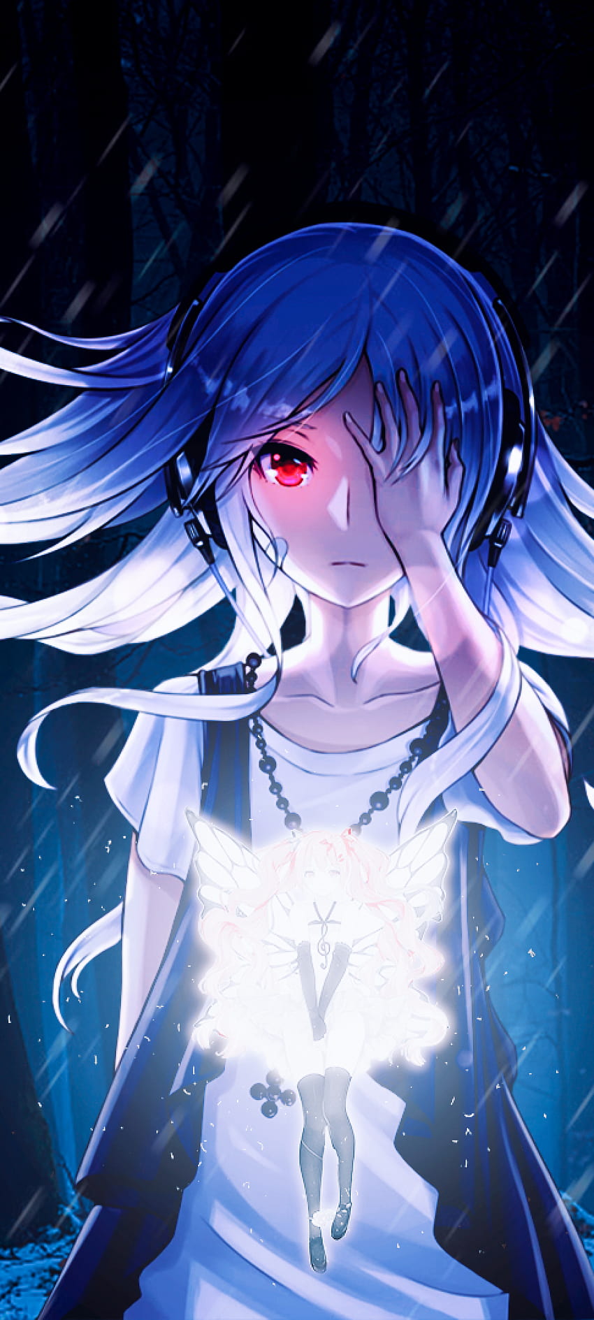 1080x2400 Anime Girl, Blizzard, Red Eyes, Glowing, Fairy, Forest for Samsung Galaxy Note 20 & S20 FE, Xiaomi Mi 10T Pro, Poco F2 Pro, świecące anime Tapeta na telefon HD