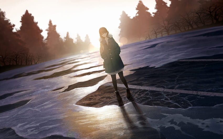 2880x1800 Lonely Anime Girl, Sunlight, Bokeh, Trees, anime lonely snow ...