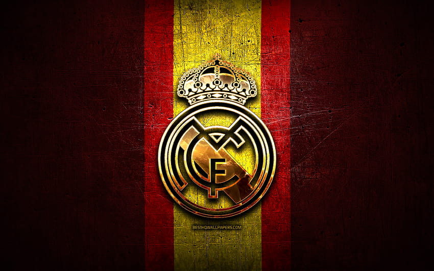Real Madrid Fc, logo dorato, bandiera della Spagna, la Liga, bandiera del Real Madrid Sfondo HD