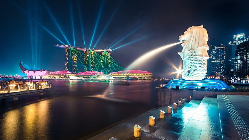 Сингапур Мерлион с висока разделителна способност през нощта в пълен размер HD тапет