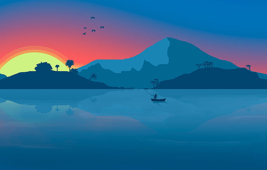 Sunset, Minimalism, Mountains, Lake, River, Boat, House, Birds, Dawn, House, Background, Fishing, Fisherman , section минимализм, lake river HD wallpaper