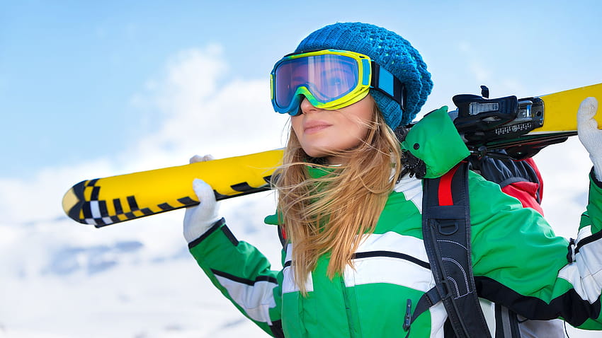 ブロンドの女の子、冬の女性、冬の帽子、スキー、眼鏡、2560x1440、女性スキー 高画質の壁紙